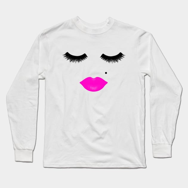 Lips and Eyelashes with Beauty Mark Pink Long Sleeve T-Shirt by julieerindesigns